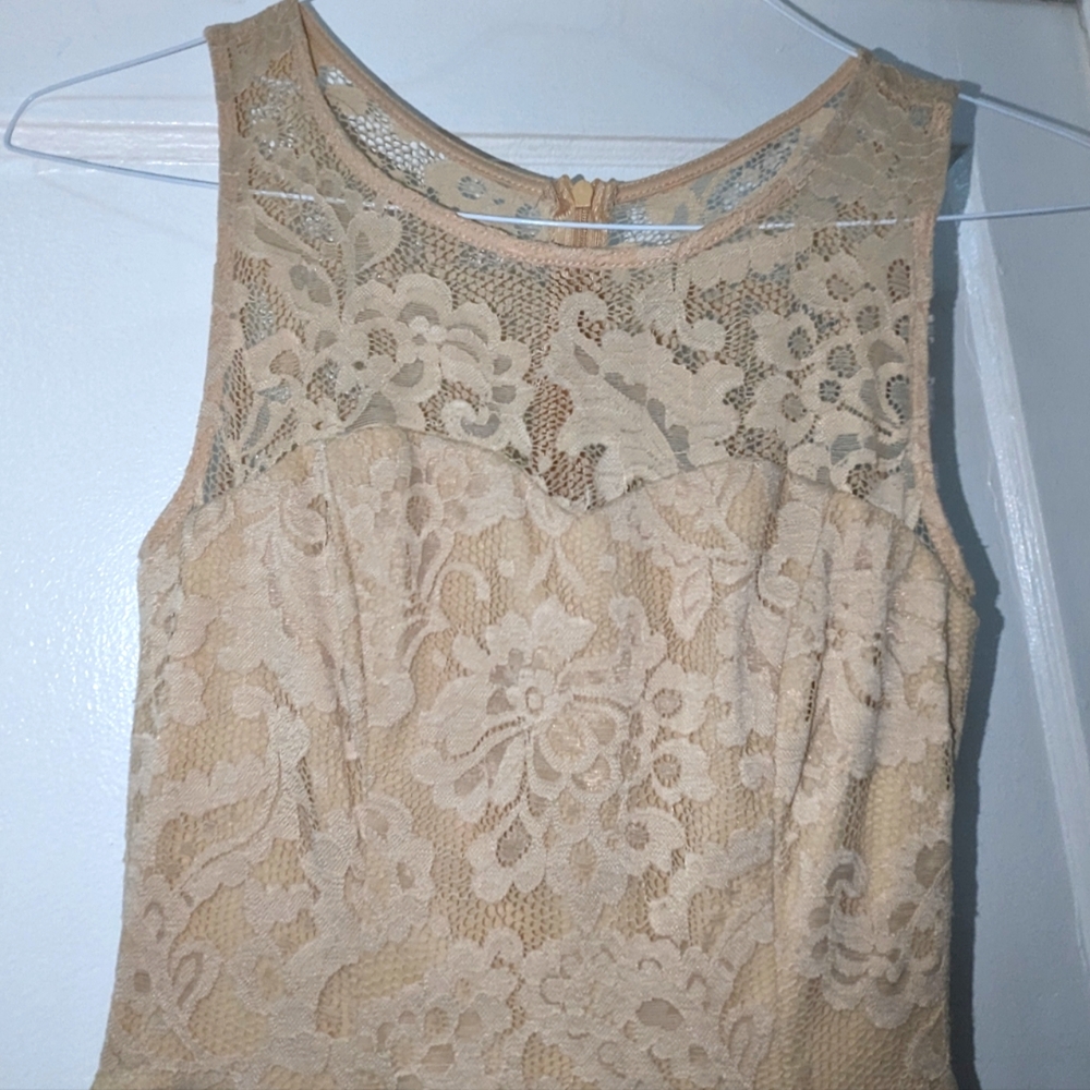 Champagne High Low Illusion Sweetheart Neckline Lace Dress - Picture 4 of 11